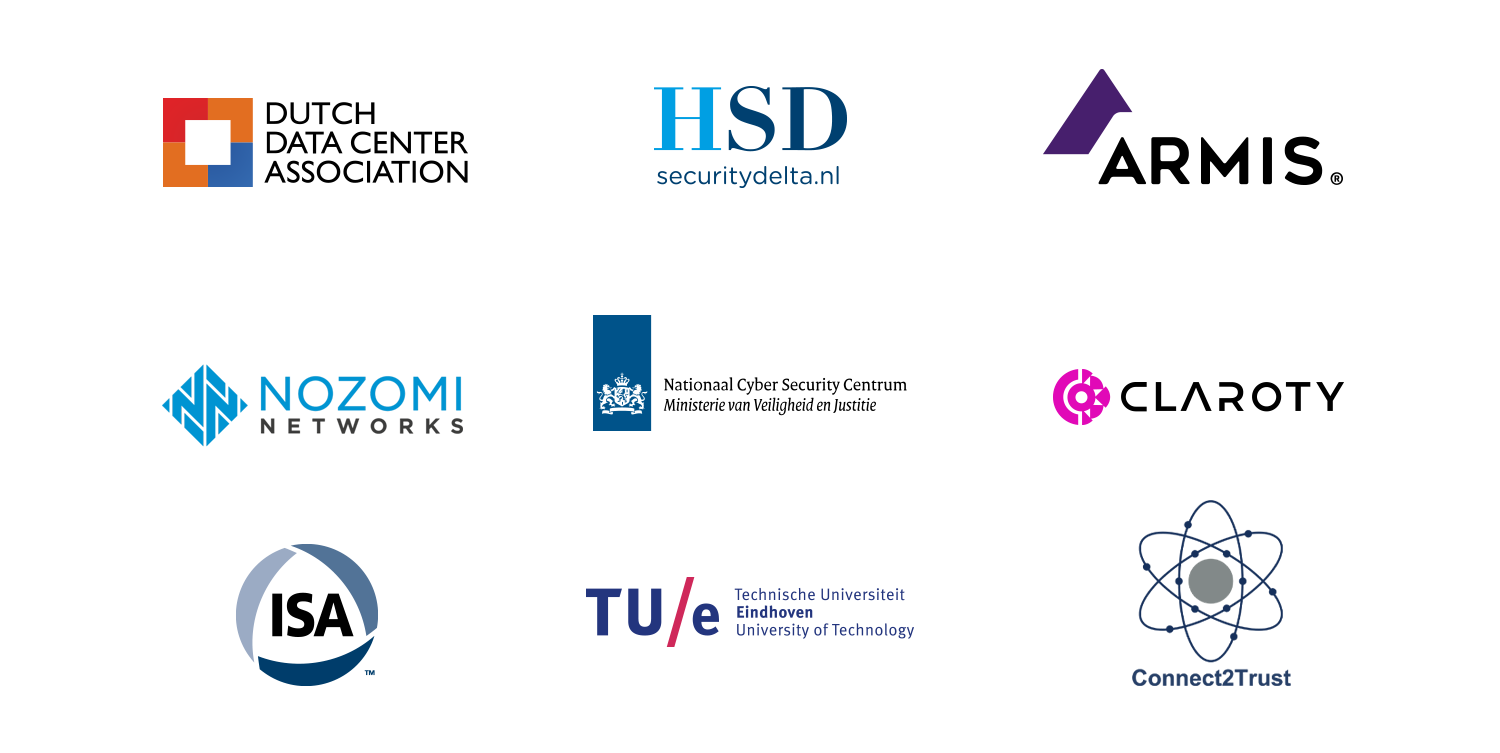 logo's van de bedrijven: dutch datacenter association, hsd, armis, nozomi, nationaal cyber security centrum, claroty, isa, tu/e en connect2trust
